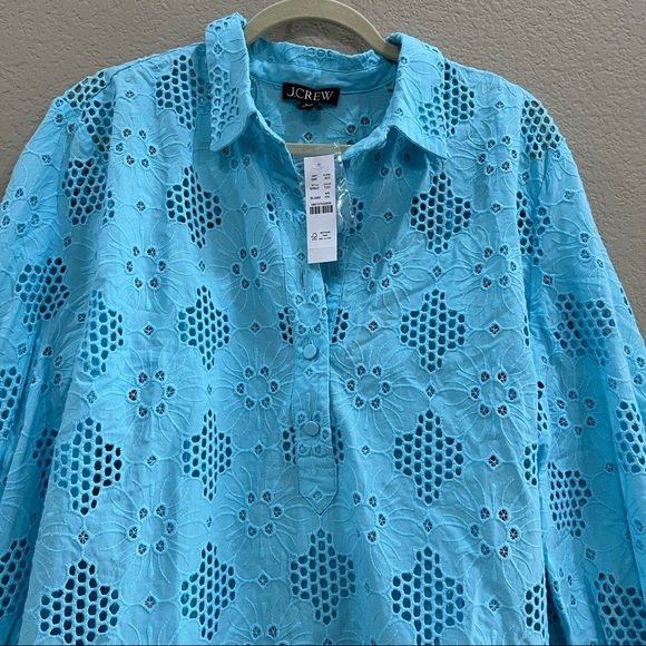 J.Crew Women's XXL Aqua Blue Long-Sleeve Eyelet Popover Blouse Casual Summer NWT - Picture 7 of 11